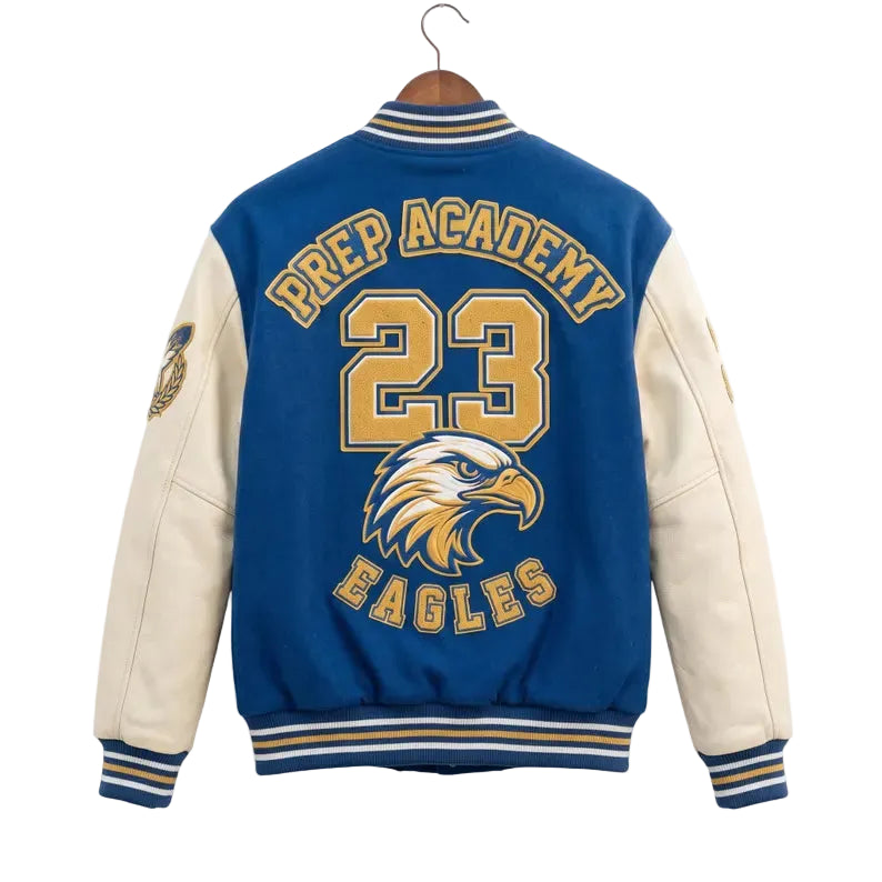Blue Varsity Jacket Wool Body Leather Sleeves Prep Academy Eagles Letterman Bomber Jacket
