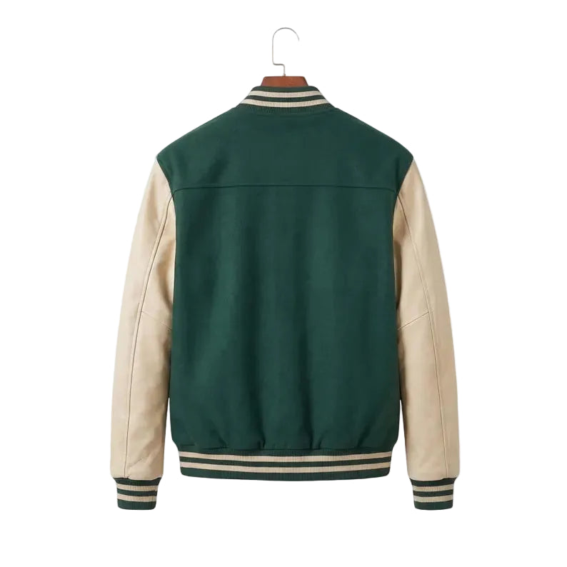 Green Varsity Jacket Wool Body Leather Sleeves Letter W Patch Letterman Bomber Jacket