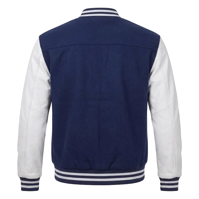 Navy Blue Varsity Jacket Wool Body Leather Sleeves Letter V Patch Letterman Bomber Jacket