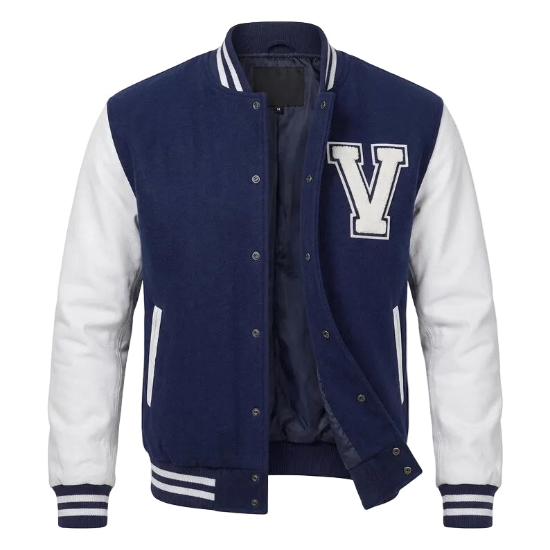 Navy Blue Varsity Jacket Wool Body Leather Sleeves Letter V Patch Letterman Bomber Jacket