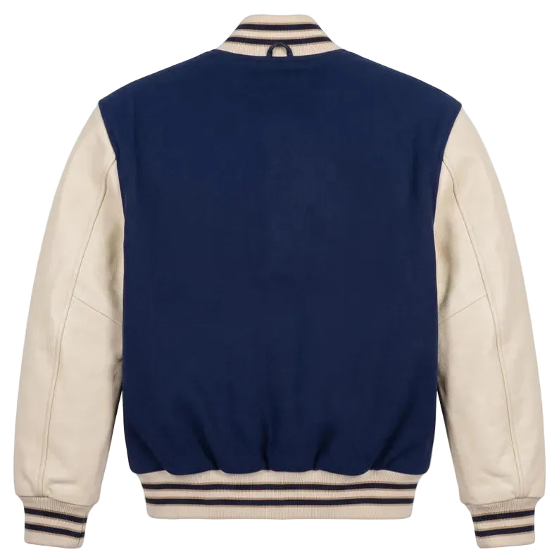 Custom Varsity Letterman Jacket Navy Blue Wool Body Cream Leather Sleeves Letter W Patch