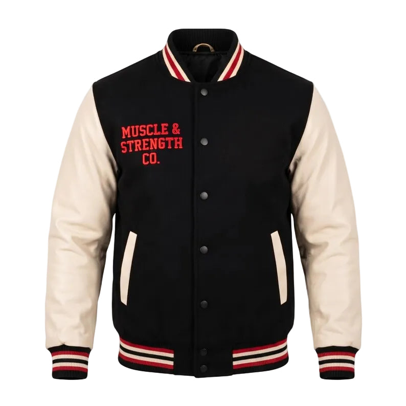 Custom Varsity Letterman Jacket Black Wool Body Cream Leather Sleeves Muscle & Strength