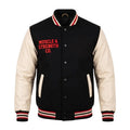 Custom Varsity Letterman Jacket Black Wool Body Cream Leather Sleeves Muscle & Strength