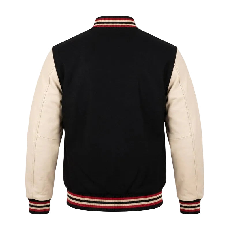 Custom Varsity Letterman Jacket Black Wool Body Cream Leather Sleeves Muscle & Strength