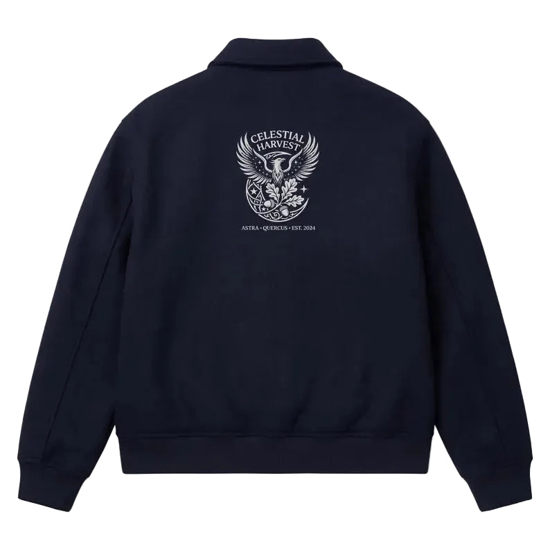 Celestial Harvest Navy Wool Bomber Jacket Phoenix Embroidered Collared Varsity Jacket