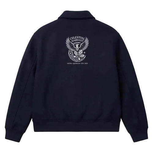 Celestial Harvest Navy Wool Bomber Jacket Phoenix Embroidered Collared Varsity Jacket
