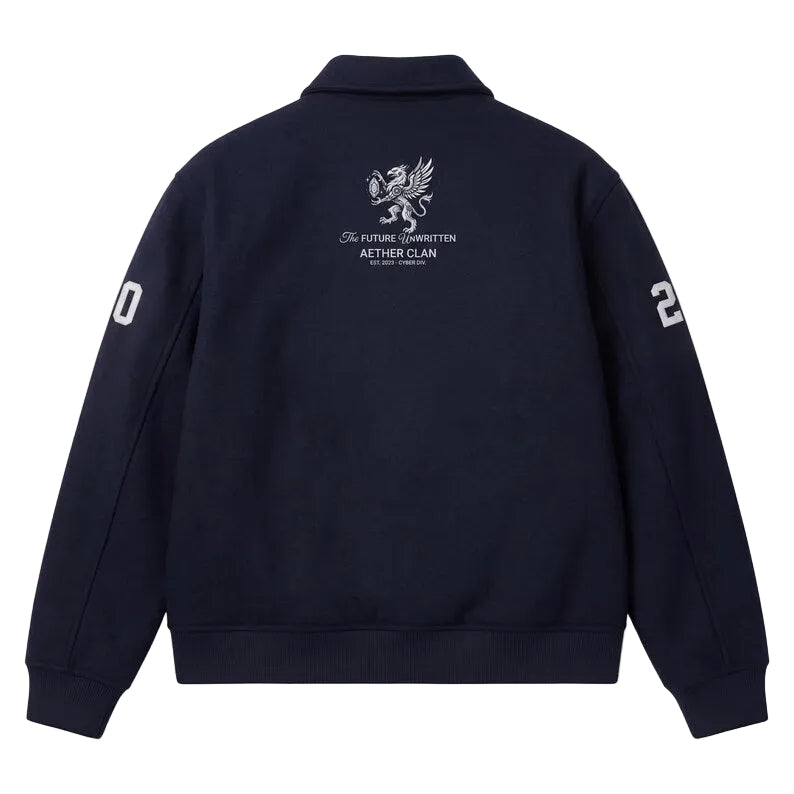 Navy Wool Bomber Jacket Griffin Crest Collared Varsity Jacket