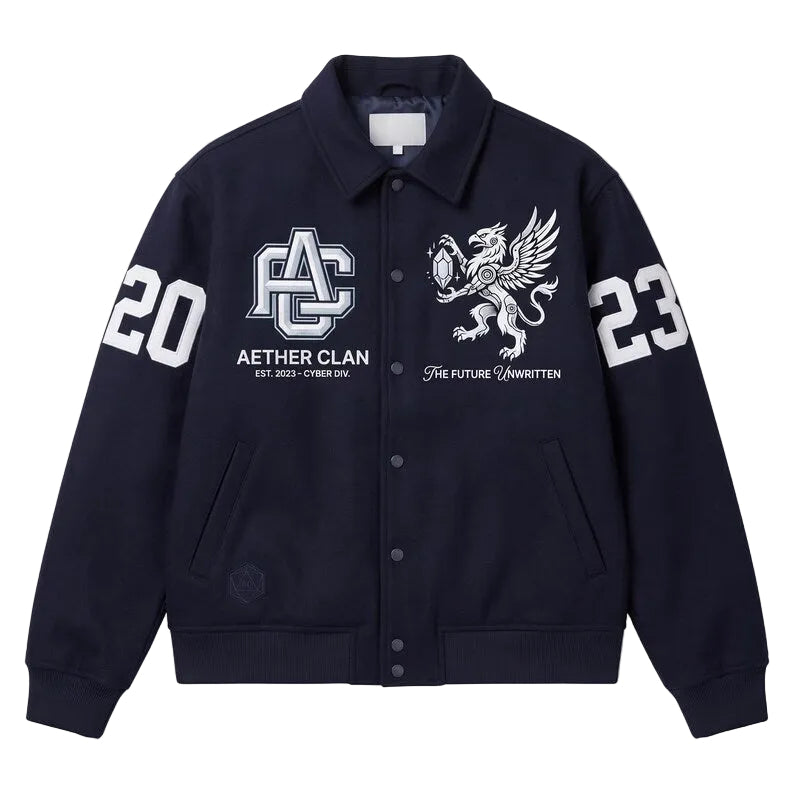 Navy Wool Bomber Jacket Griffin Crest Collared Varsity Jacket