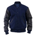Custom Navy Blue Varsity Jacket Genuine Black Leather Sleeves Wool Body, Plain Blank