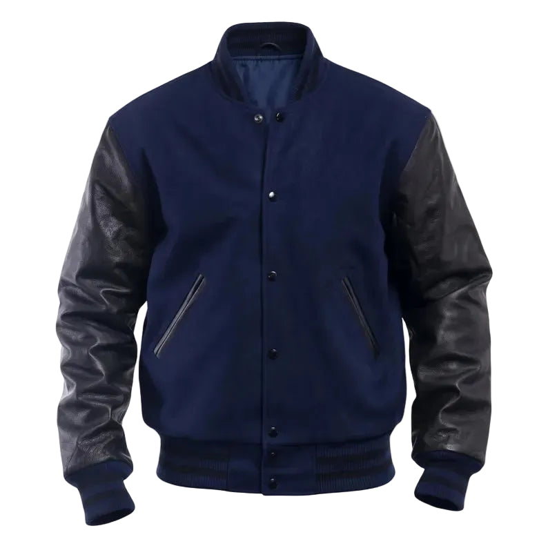 Custom Navy Blue Varsity Jacket Genuine Black Leather Sleeves Wool Body, Plain Blank