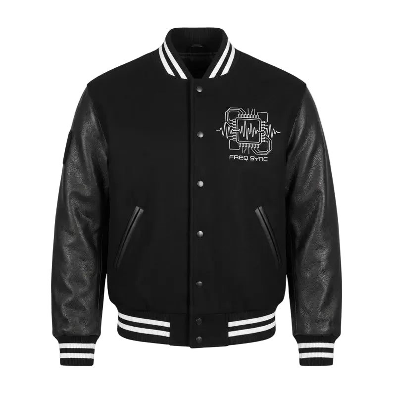 Custom Black Letterman Varsity Jacket Genuine Leather Sleeves Wool Body, Freq Sync