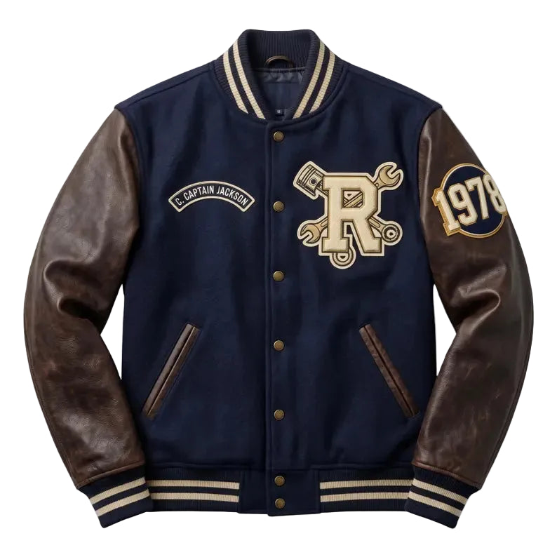 Custom Embroidered Workshop Varsity Jacket, Captain Jackson Garage Letterman Jacket, Leather Sleeves