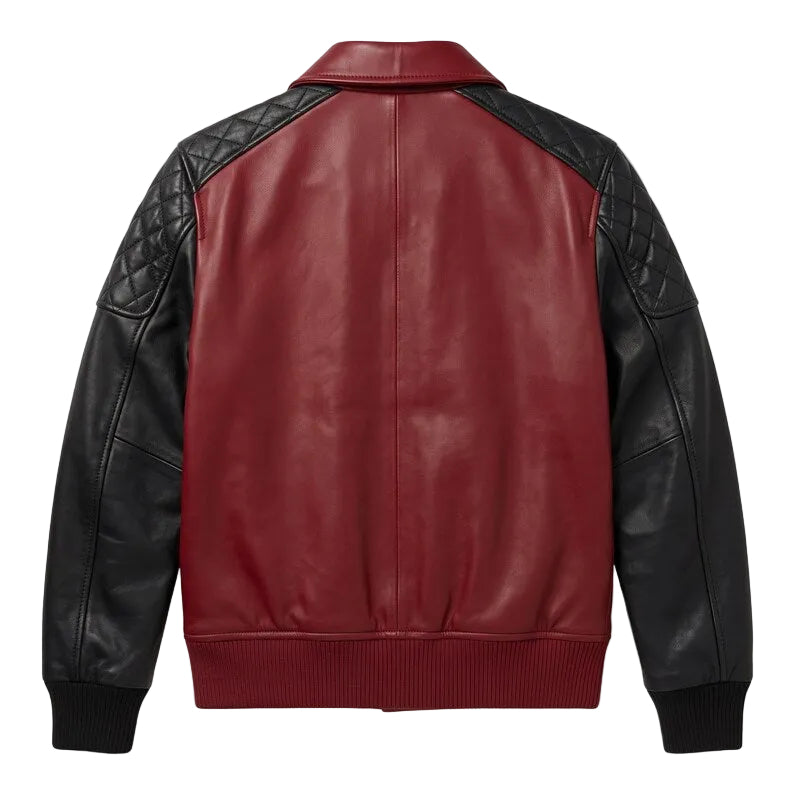 Two-Tone Maroon Black Leather Bomber Jacket, Quilted Shoulder Stitching, Snap Closure