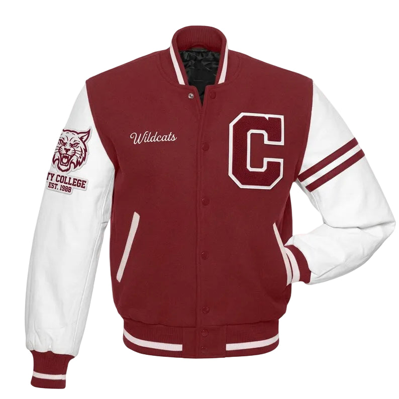 Custom City College Wildcats Varsity Jacket, Maroon Wool Body White Leather Sleeves