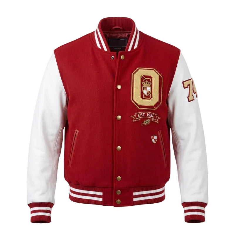 Custom Elmsford University Varsity Jacket, Red Wool White Leather Sleeves Letterman Coat