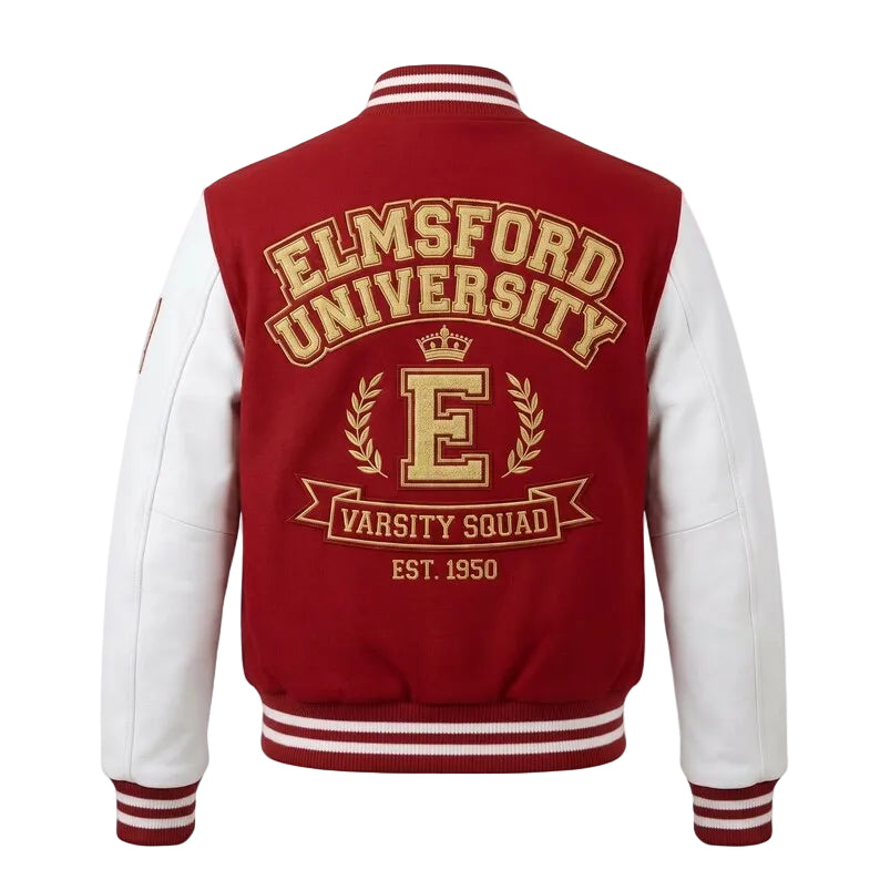 Custom Elmsford University Varsity Jacket, Red Wool White Leather Sleeves Letterman Coat