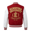 Custom Elmsford University Varsity Jacket, Red Wool White Leather Sleeves Letterman Coat