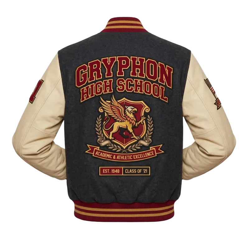 Custom Gryphon Letterman Varsity Jacket - High School Athletic Wool Body Leather Sleeves