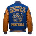 Custom Collegiate University Panthers Varsity Jacket - Blue Wool Body Tan Leather Sleeves