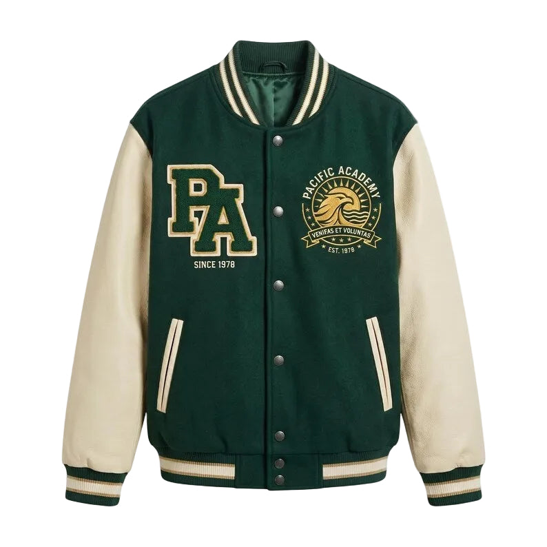 Custom Pacific Academy Varsity Jacket - Forest Green Wool Body Cream Leather Sleeves Letterman Coat
