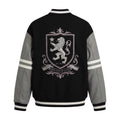 Custom Lion Crest Letterman Varsity Jacket - Black Wool Body Grey Leather Sleeves Coat