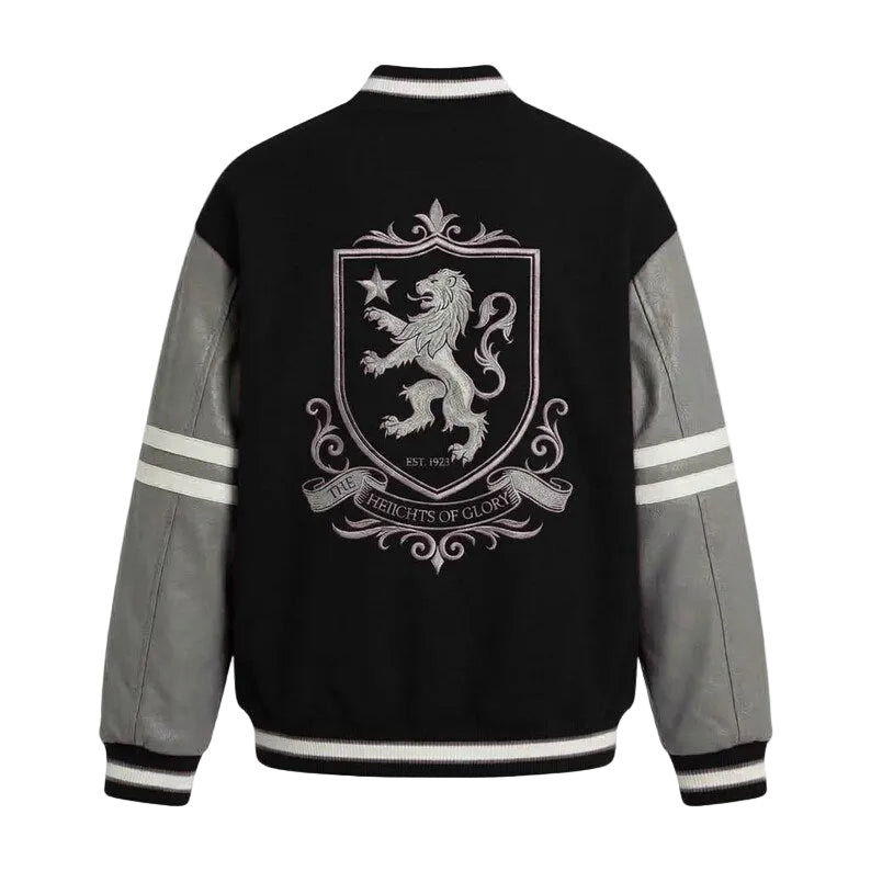 Custom Lion Crest Letterman Varsity Jacket - Black Wool Body Grey Leather Sleeves Coat