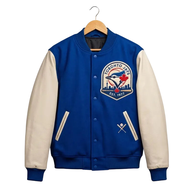 Custom Toronto Baseball Jays Varsity Jacket - Wool Body Off-White Leather Sleeves Bomber
