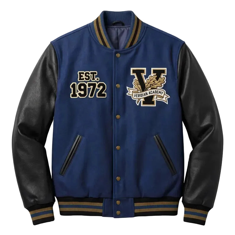 Custom Letterman Varsity Jacket Leather Sleeves Veridian Academy Crest Patch Wool Body