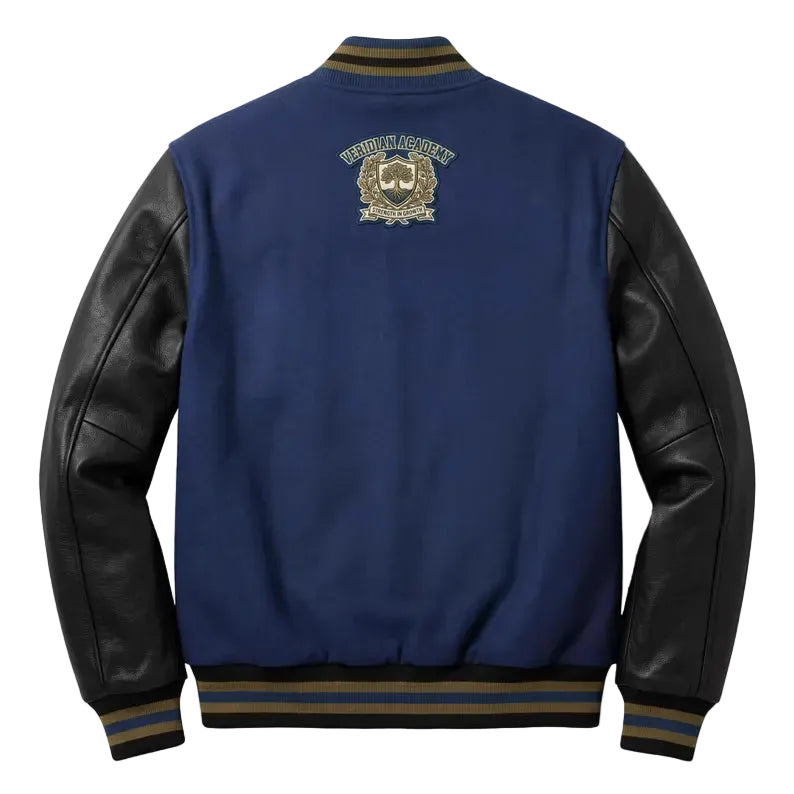 Custom Letterman Varsity Jacket Leather Sleeves Veridian Academy Crest Patch Wool Body