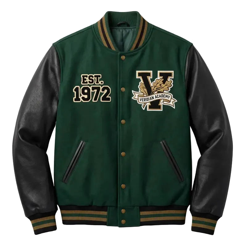 Custom Letterman Varsity Jacket Leather Sleeves Veridian Academy Crest Patch Wool Body