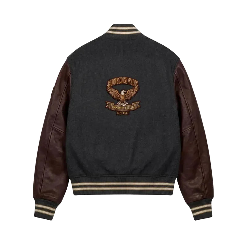 Custom Eagle Crest Varsity Jacket Brown Leather Sleeves Wool Letterman Coat Mountain