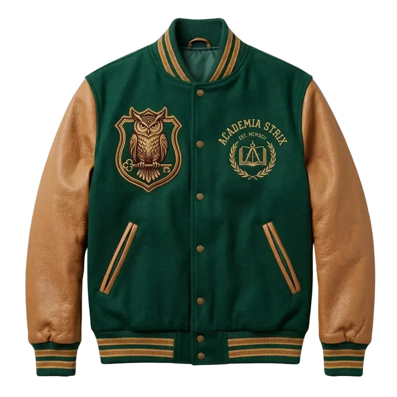 Custom Owl Crest Varsity Jacket Tan Leather Sleeves Forest Green Wool Letterman Coat