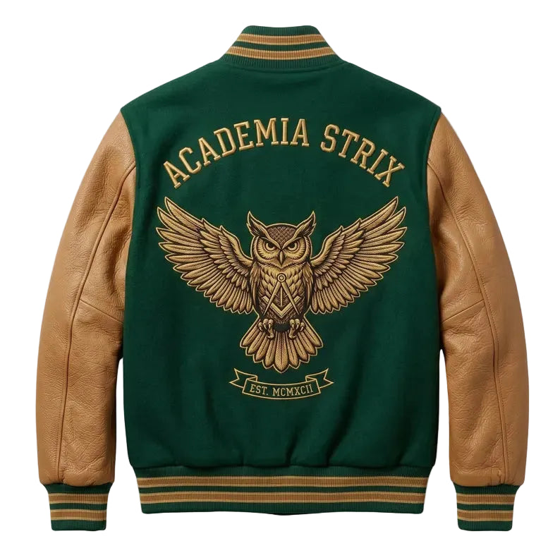 Custom Owl Crest Varsity Jacket Tan Leather Sleeves Forest Green Wool Letterman Coat