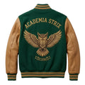 Custom Owl Crest Varsity Jacket Tan Leather Sleeves Forest Green Wool Letterman Coat