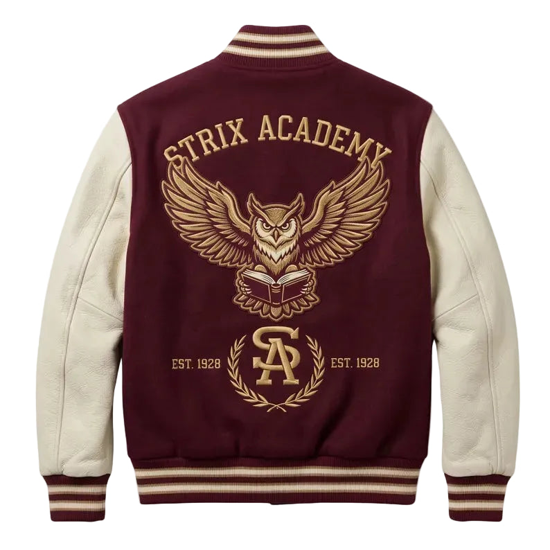 Custom Maroon Varsity Jacket Cream Leather Sleeves Owl Embroidery