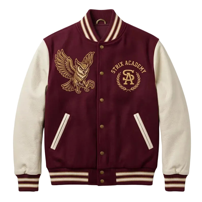 Custom Maroon Varsity Jacket Cream Leather Sleeves Owl Embroidery