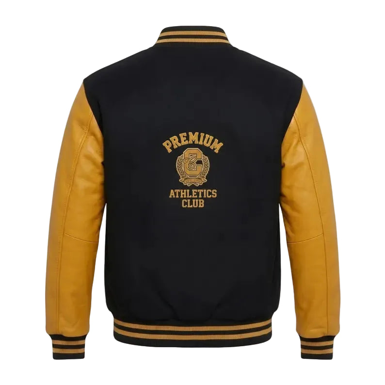 Custom Letterman Varsity Jacket Gold Leather Sleeves Black Wool Body, Athletics Club
