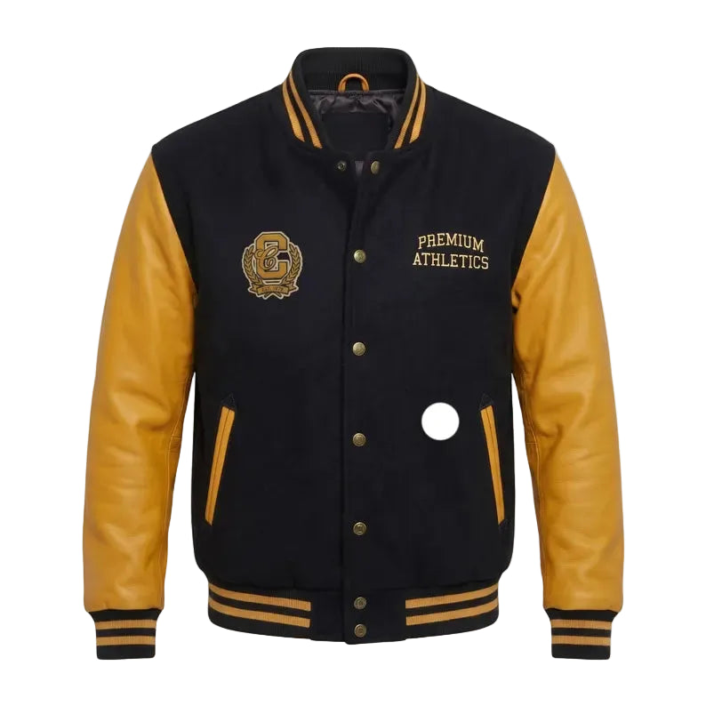 Custom Letterman Varsity Jacket Gold Leather Sleeves Black Wool Body, Athletics Club