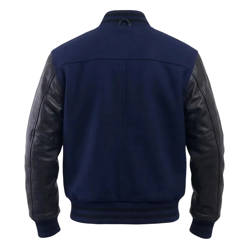 Custom Navy Blue Varsity Jacket Genuine Black Leather Sleeves Wool Body, Plain Blank