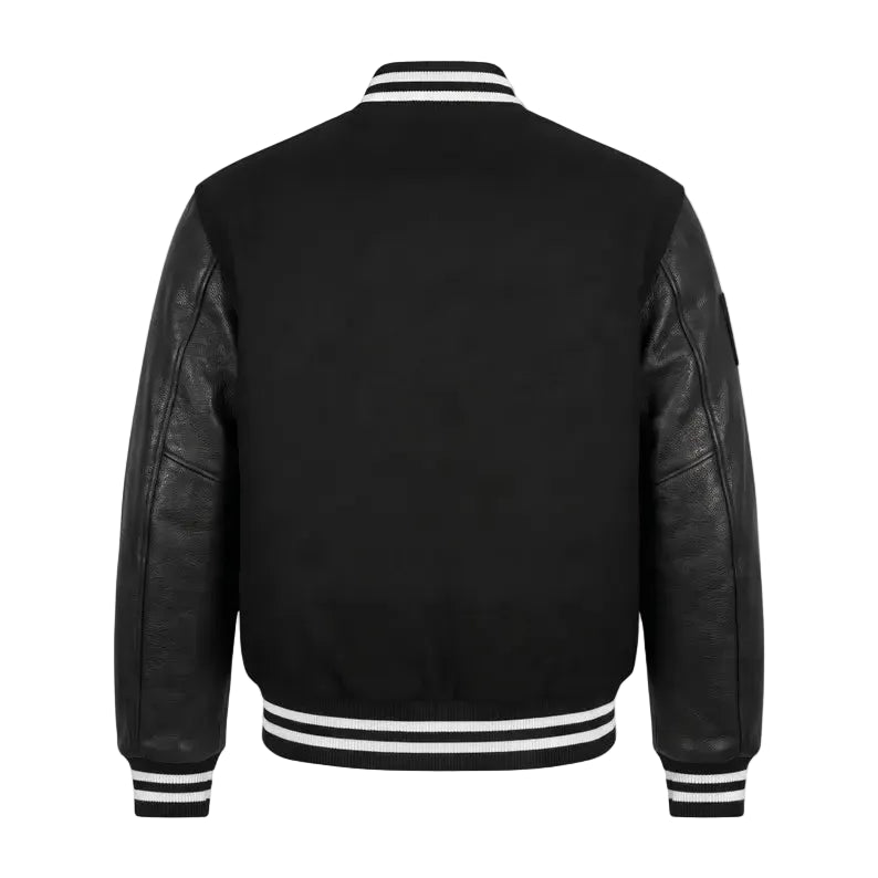 Custom Black Letterman Varsity Jacket Genuine Leather Sleeves Wool Body, Freq Sync
