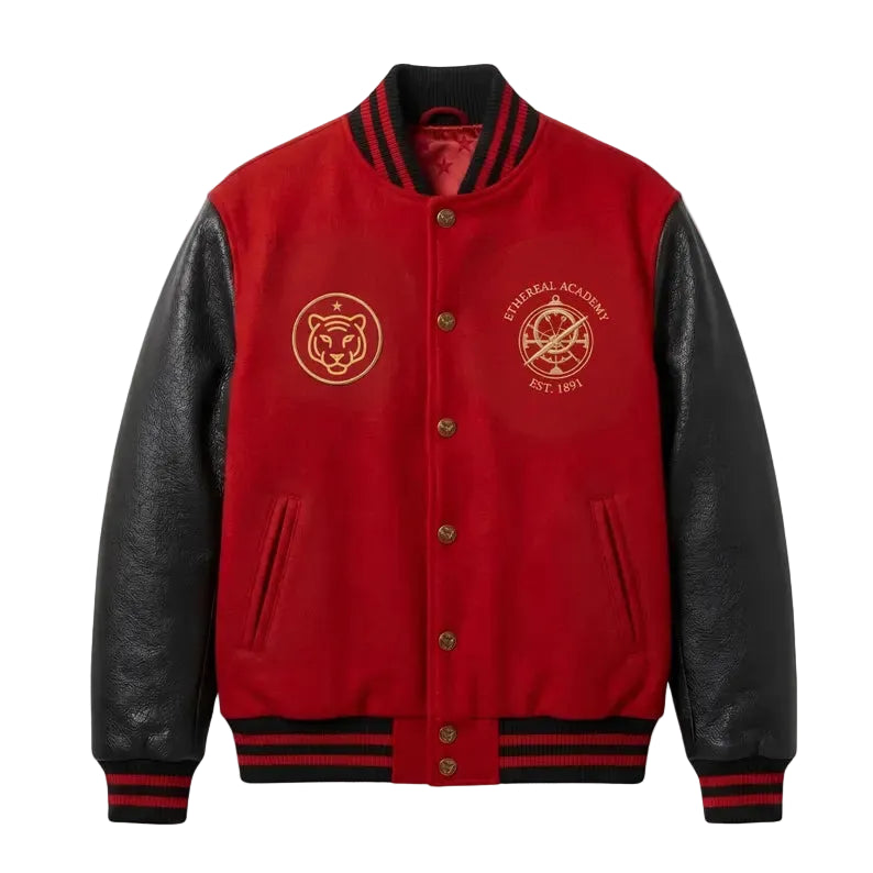 Custom Red Varsity Jacket Black Genuine Leather Sleeves Wool Body, Ethereal Academy Tiger Embroidered