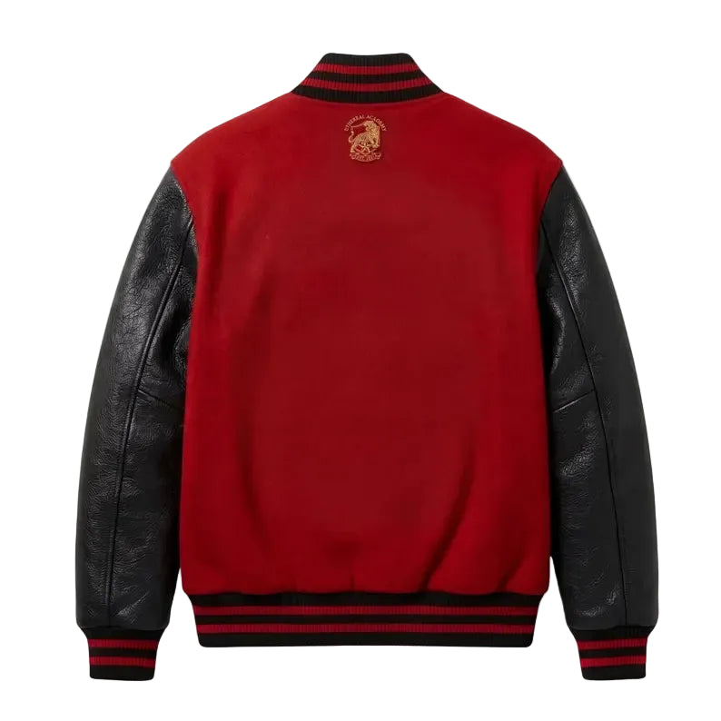 Custom Red Varsity Jacket Black Genuine Leather Sleeves Wool Body, Ethereal Academy Tiger Embroidered