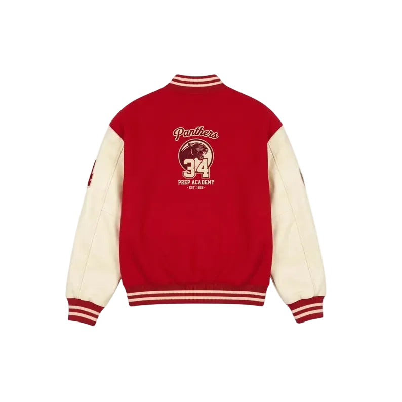 Custom Red Varsity Jacket Cream Leather Sleeves Wool Body, Panthers Prep Academy Embroidered