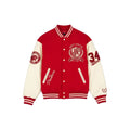 Custom Red Varsity Jacket Cream Leather Sleeves Wool Body, Panthers Prep Academy Embroidered