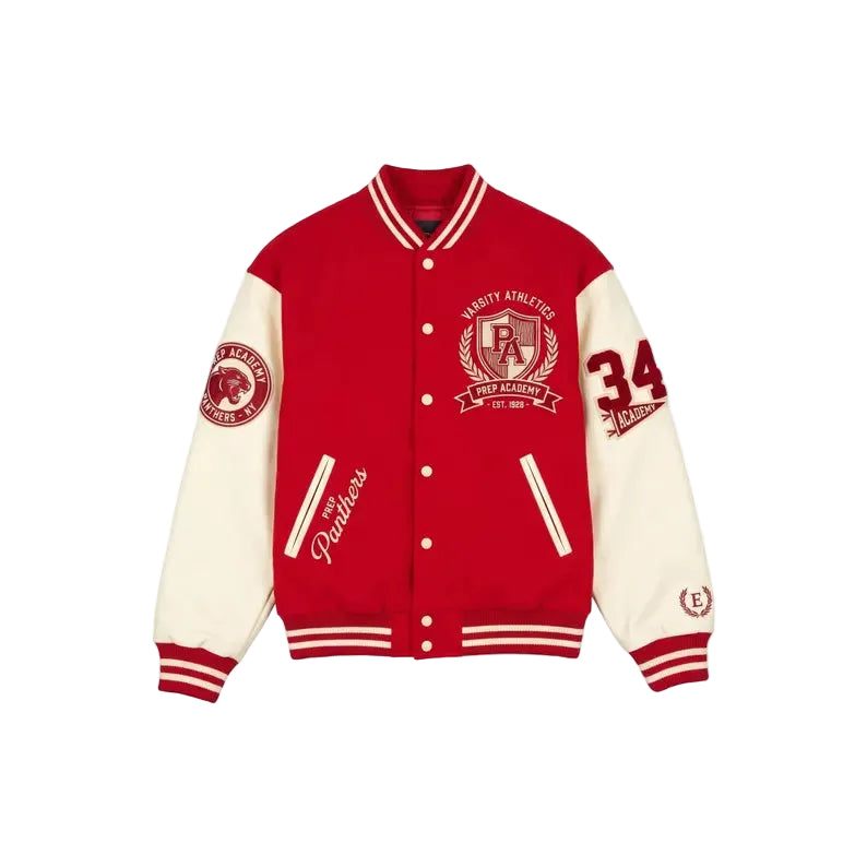 Custom Red Varsity Jacket Cream Leather Sleeves Wool Body, Panthers Prep Academy Embroidered