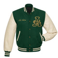 Custom Forest Green Varsity Jacket Cream Leather Sleeves Wool Body, Letter A