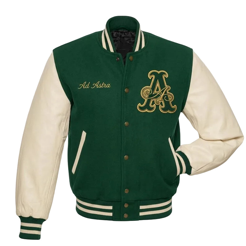Custom Forest Green Varsity Jacket Cream Leather Sleeves Wool Body, Letter A