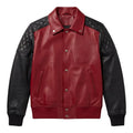 Two-Tone Maroon Black Leather Bomber Jacket, Quilted Shoulder Stitching, Snap Closure