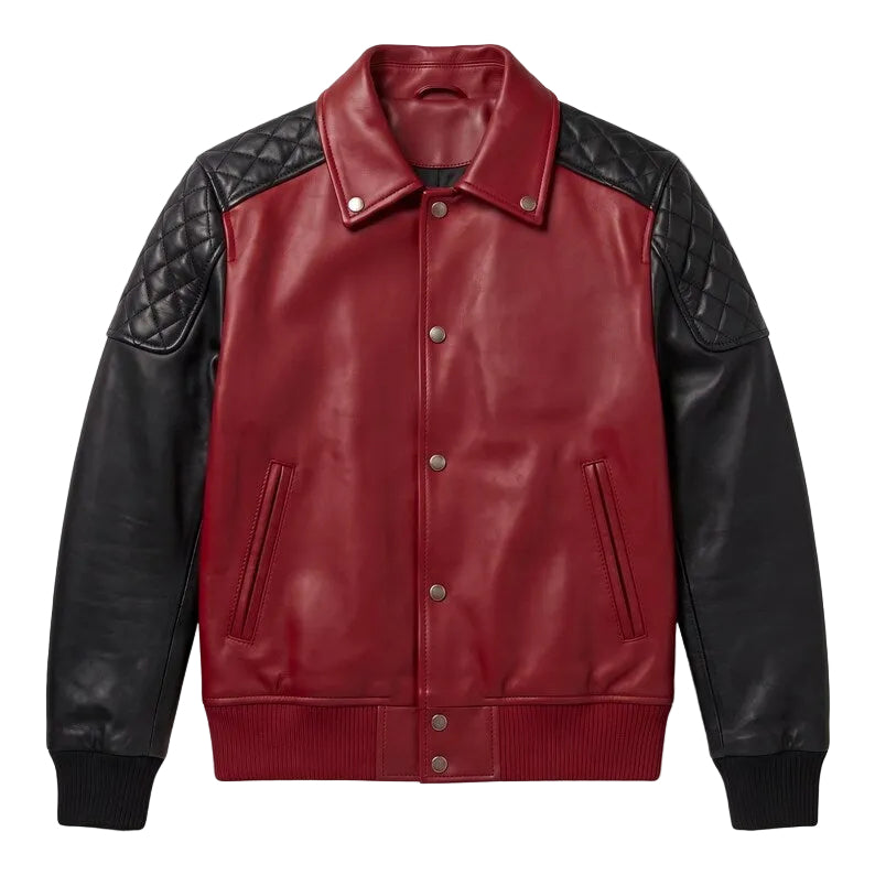 Two-Tone Maroon Black Leather Bomber Jacket, Quilted Shoulder Stitching, Snap Closure