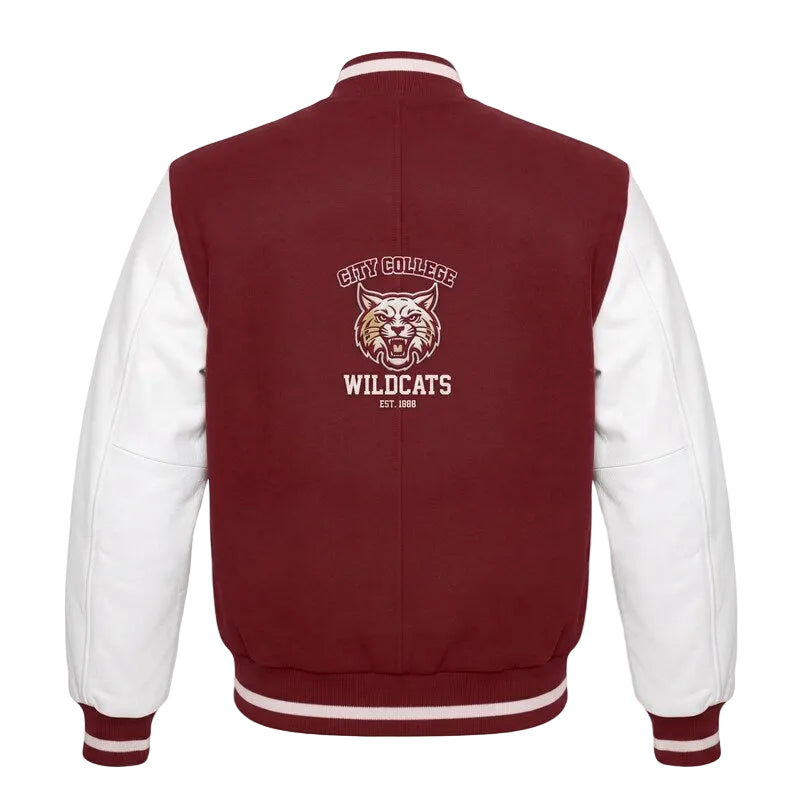 Custom City College Wildcats Varsity Jacket, Maroon Wool Body White Leather Sleeves